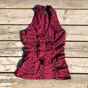 Express Red Pink Leopard Chiffon Ruffled Tank Top